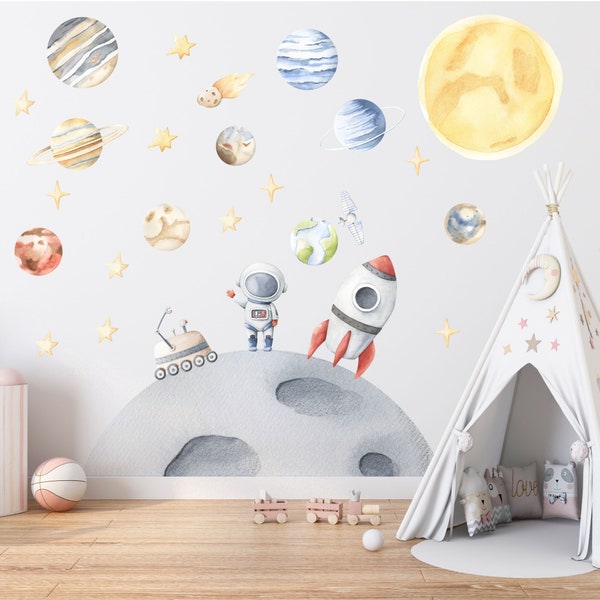 Space Wall Decals, Planets Wall Sticker, Nursery Solar System Mural, Baby Wall Art, Earth Sun Moon Wall Decal Set