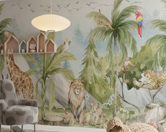 May include: A watercolor mural depicting a jungle scene with a giraffe, lion, leopard, monkeys, and parrots. The mural is painted on a light gray background and features lush green foliage and a blue sky.