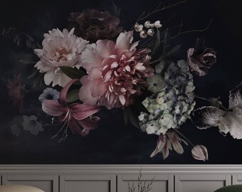 Dark Floral Wallpaper: Canvas Flower Wall Mural - Peel and Stick