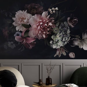 Dark Floral Wallpaper Peel and Stick - Canvas Flower Wallpaper - Decorative Dark Flower Wall Mural - PVC Free Self Adhesive Wallpaper