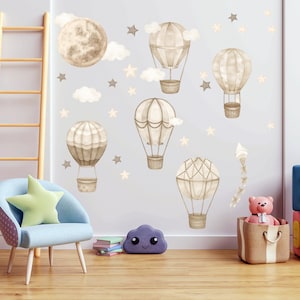 Beige Hot Air Balloon Nursery Wall Decal, Baby Girl Baby Boy Nursery Wall Decal, Watercolor Wall Decals