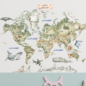Personalized World Map Nursery Wall Decal, World Animals Map, Multi Language, German, Spanish, Customized World Map Decal