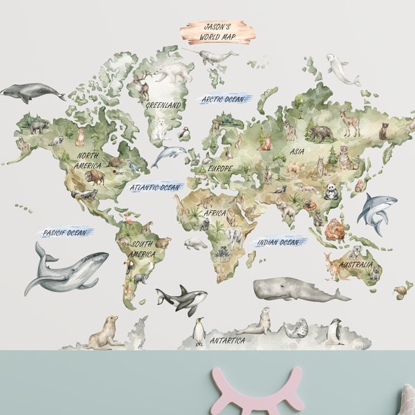 Carte du monde personnalisée Nursery Wall Decal, World Animals Map, Multi Langue, Allemand, Espagnol, Carte du monde personnalisée