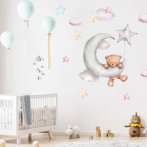 Bear on a Moon Nursery Wall decal, clouds and stars Nursery sticker, Watercolor Peel and Stick Wall Decal, Baby Room Nursery Decal