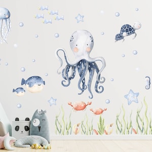 Underwater Nursery Wall Decal, Watercolor Wall Sticker, Nursery Mural, Under the Sea Nursery Decal, Peel and Stick Sticker