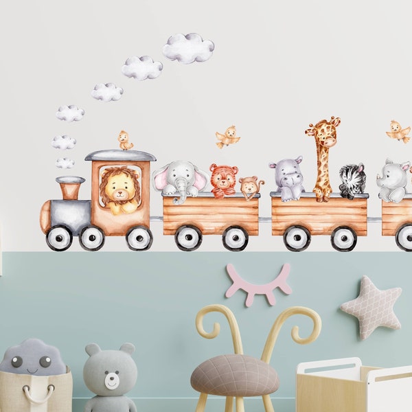 Train Nursery Removable Wall Decal, Safari Animals Nursery Wall Decal, Watercolor Nursery Decal, Peel and Stick Nursery Decal