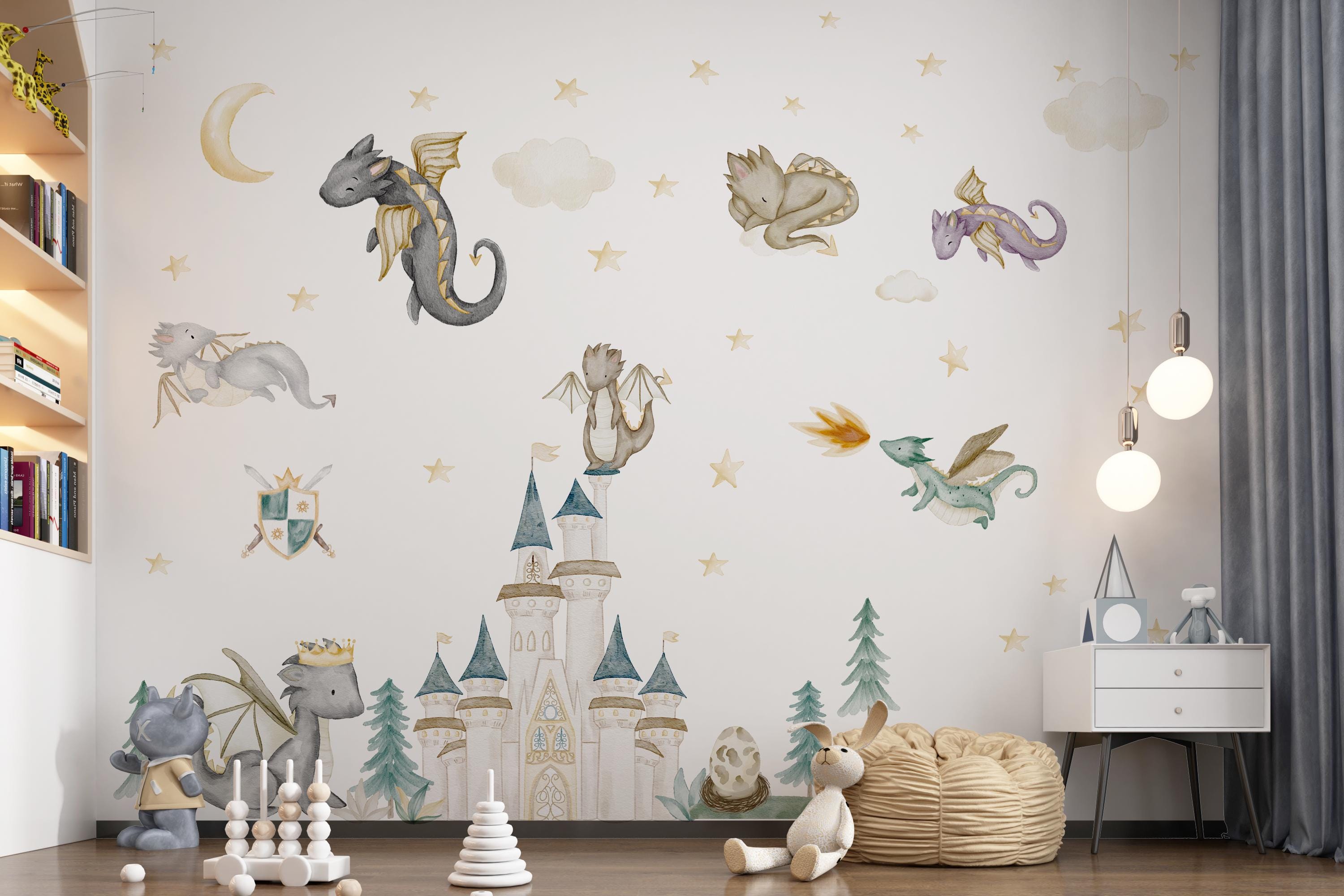 Watercolor Dragon Nursery Wall Decal: Castle Mural, Baby Room Decor - Etsy