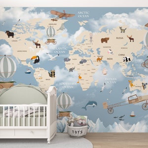 Kinderzimmer schälen und aufkleben Aquarell Karte Wallpaper - Leinwand Kinder Wallpaper - Kinder Wandbild - Flugzeug Weltkarte Wallpaper - PVC-freie Wallpaper