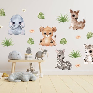 Safari Animals Nursery Wall Decal, Watercolor Wall Sticker, Nursery Mural, Forest Wall Decal, Peel and Stick Tree Decal, Watercolor Decal