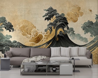 Japanese Waves Wallpaper Peel and Stick - Nature Wallpaper - Decorative Asian Wall Mural - PVC Free Self Adhesive Wallpaper