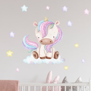Unicorn Rainbow Wall Decal, Watercolor Wall Sticker, Nursery Mural, Baby Girl Wall Art, Pastel Colored Hearts