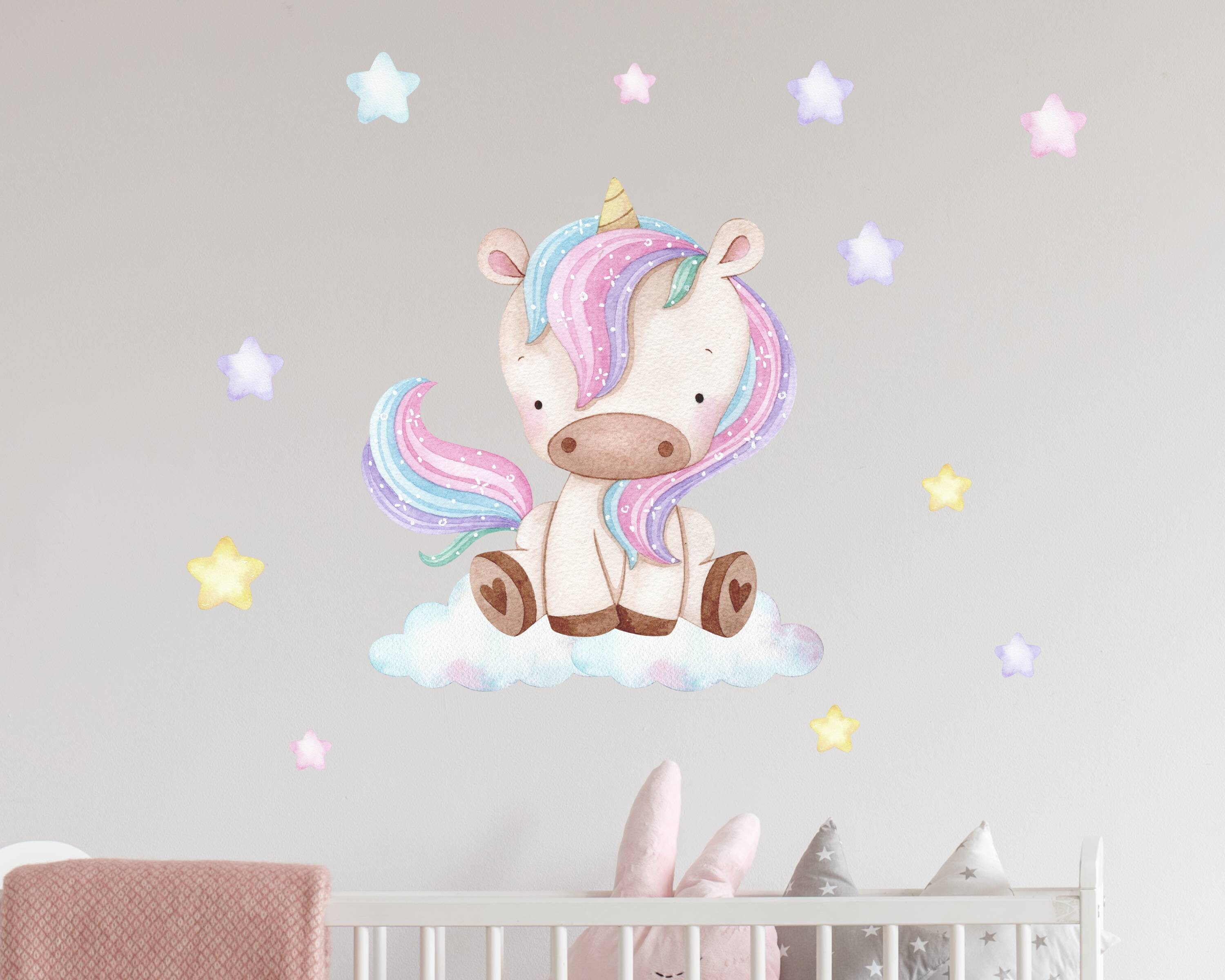 Unicorn Rainbow Wall Decal, Watercolor Wall Sticker, Nursery Mural, Baby Girl Wall Art, Pastel Colored Hearts