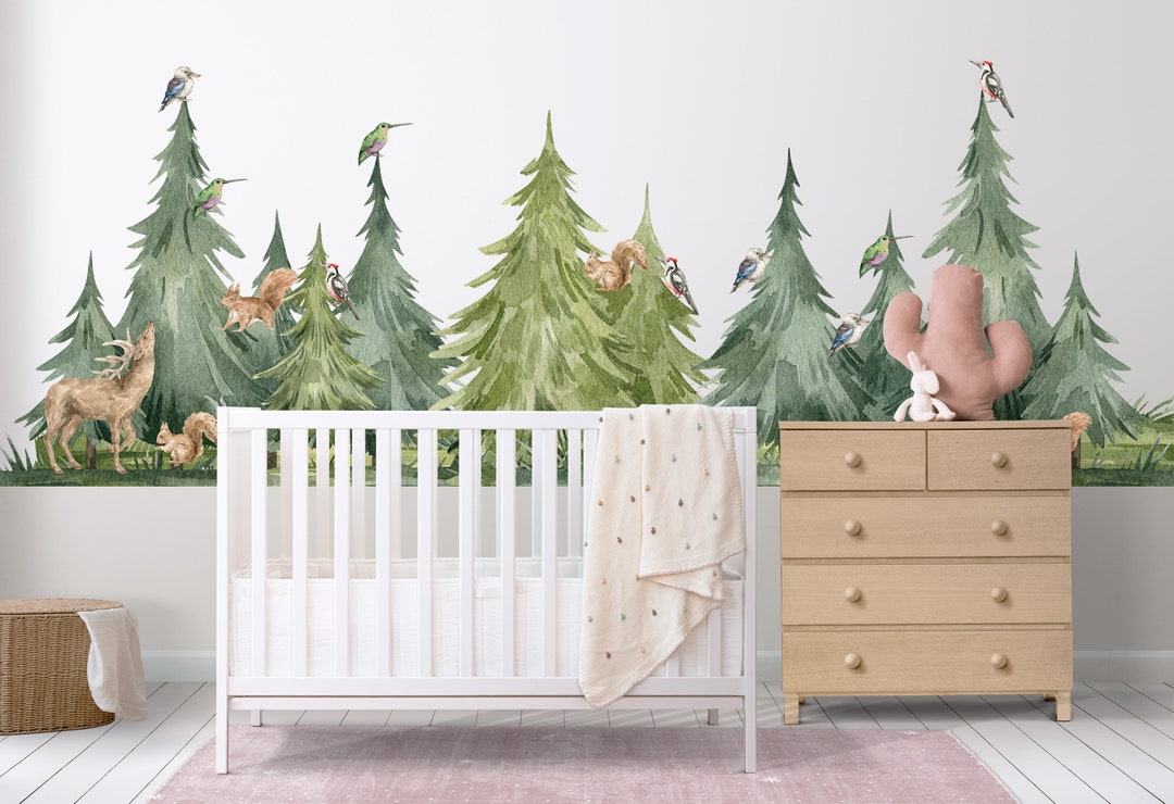 Watercolor Forest Pine Tree Wall Decal: Peel and Stick Nursery Mural - Etsy