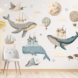 Dreamy Whale Underwater Wall Decal, Watercolor Wall Sticker, Nursery Mural, Baby Wall Art, Pastel Colored Decals, Ocean Stars Wall Decal Set