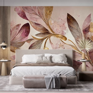 Carta da parati con grandi foglie rosa e dorate stacca e incolla - Carta da parati in toni pastello - Decorazione murale decorativa - Carta da parati autoadesiva senza PVC