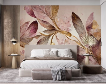 Big Pink & Gold Leaves Wallpaper Peel and Stick - Pastel Tones Wallpaper - Decorative Wall Mural - PVC Free Self Adhesive Wallpaper