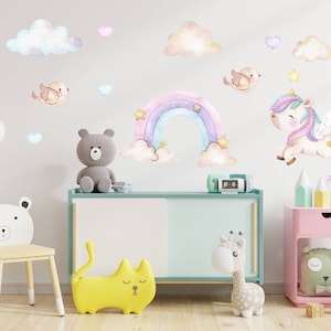 Unicorn Rainbow Wall Decal, Watercolor Wall Sticker, Nursery Mural, Baby Girl Wall Art, Pastel Colored Hearts