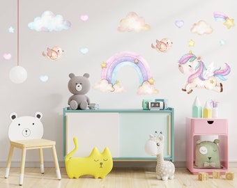 Unicorn Rainbow Wall Decal, Watercolor Wall Sticker, Nursery Mural, Baby Girl Wall Art, Pastel Colored Hearts