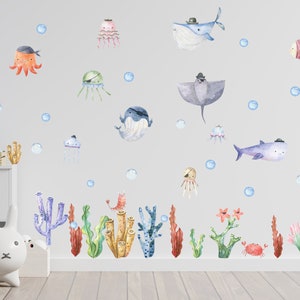 Coral Sea Life Wall Decal, Ocean Life Watercolor Wall Sticker, Whale Fish Nursery Mural, Under the Sea Nursery Decal, Peel and Stick Sticker