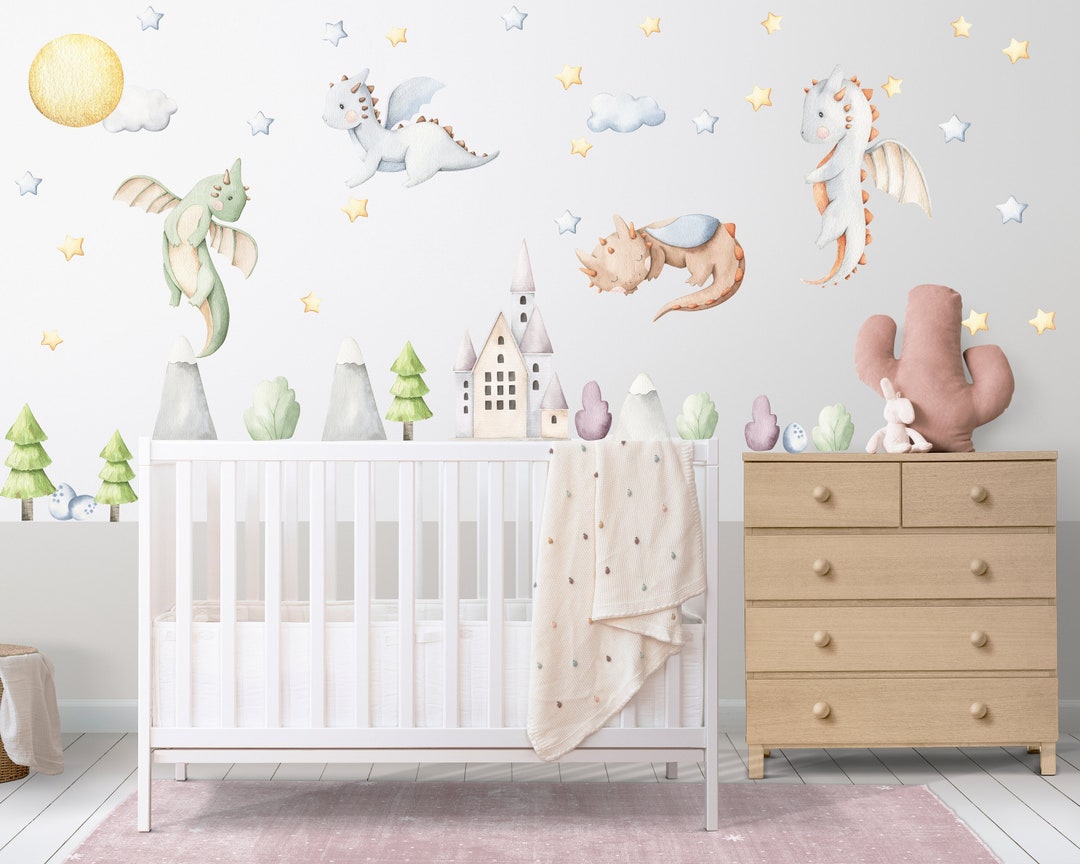 Watercolor Dragon Nursery Wall Decal: Pastel Castle Mural - Etsy