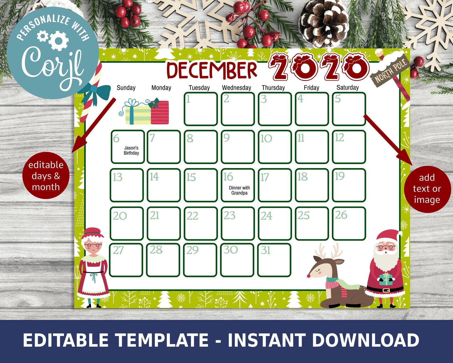 Editable Christmas Calender Template Download December 2020 Etsy
