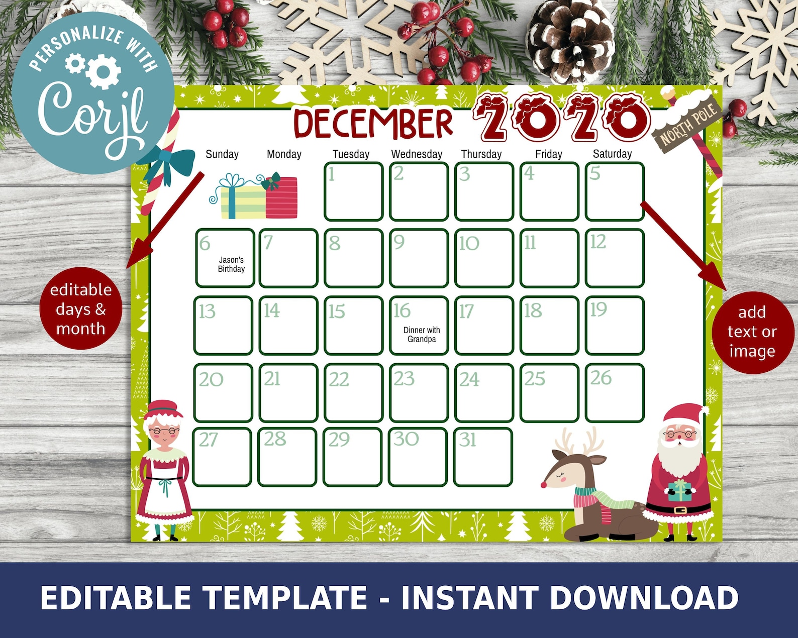 Editable Christmas Calender Template Download December 2020 Etsy