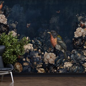 Dark Peony Flower Wallpaper Peel and Stick - Dark Floral Bird Wallpaper - Decorative Wall Mural - PVC Free Self Adhesive Wallpaper