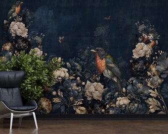 Dark Peony Flower Wallpaper Peel and Stick - Dark Floral Bird Wallpaper - Decorative Wall Mural - PVC Free Self Adhesive Wallpaper