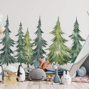 Sticker mural pin forêt, sticker mural aquarelle, décoration murale de chambre d'enfant, sticker mural forêt, sticker arbre autocollant