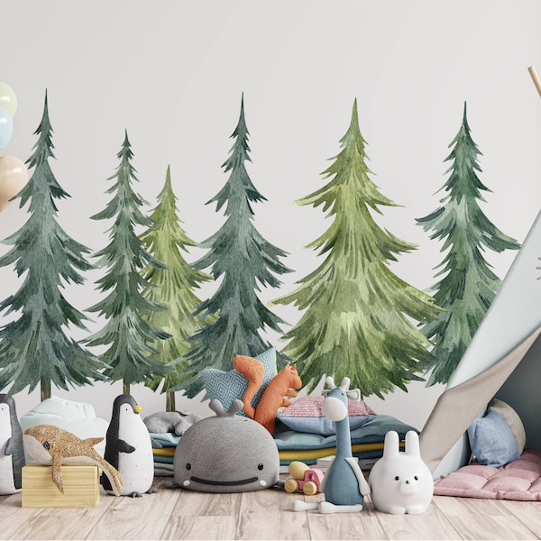 Forest Pine Tree Wall Decal, Watercolor Wall Sticker, Nursery Mural, Forest Wall Decal, Peel and Stick Tree Decal