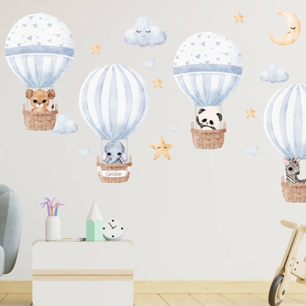 Hot Air Balloon Wall decal, Personalised Nursery sticker, Watercolor Animals Nursery Wall Decal, Baby Room Wall Decal, Customized