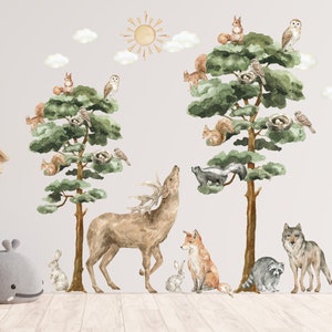 May include: Watercolor-style wall decals featuring a woodland scene with a deer, fox, raccoon, wolf, and red panda. The decals also include trees, birds, squirrels, and nests.