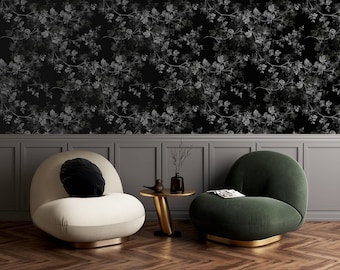 Dark Floral Wallpaper: Black and White Canvas, Peel and Stick