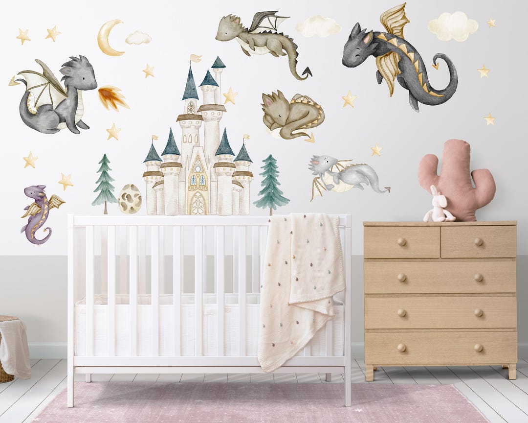 Watercolor Dragon Nursery Wall Decal: Castle Mural, Baby Room Decor - Etsy