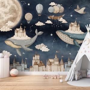 Carta da parati staccabile e incolla Dreamy Stardust Night - Carta da parati in tela per bambini con balene - Carta da parati autoadesiva senza PVC