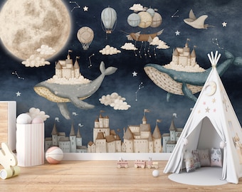 Dreamy Whales Kids Wallpaper: Stardust Night Peel and Stick