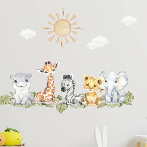 Baby Safari dieren aquarel muur sticker, aquarel muur sticker, kinderkamer muurschildering, leeuw, olifant muur sticker, Peel en Stick boom sticker Animals Compact