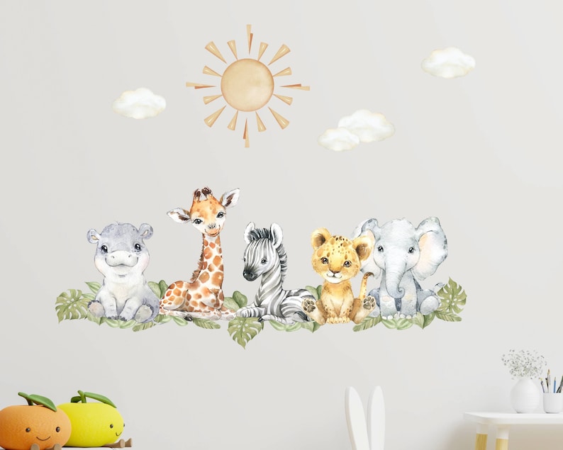 Baby Safari dieren aquarel muur sticker, aquarel muur sticker, kinderkamer muurschildering, leeuw, olifant muur sticker, Peel en Stick boom sticker Animals Compact