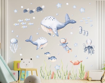 Underwater Nursery Wall Decal, Watercolor Whale Wall Sticker, Nursery Mural, Under the Sea Nursery Decal, Peel and Stick Sticker