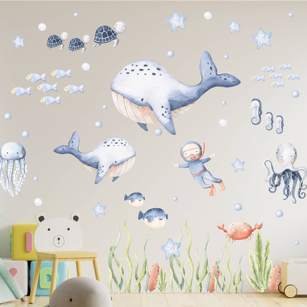 Sticker mural chambre d'enfant sous-marine, sticker mural baleine aquarelle, décoration murale chambre d'enfant, sticker chambre d'enfant sous-marine, autocollant peel and stick