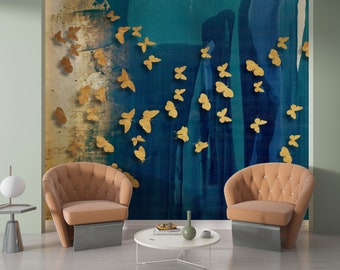 Papier peint abstrait bleu papillons dorés - Papier peint décoratif - Papier peint auto-adhésif sans PVC