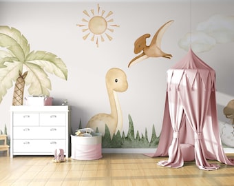 Cute Dinosaurs Wall Decal, Watercolor Wall Sticker, Nursery Mural, Baby Wall Art, Pastel Colored Decals, Jurassic Wall Decal Set