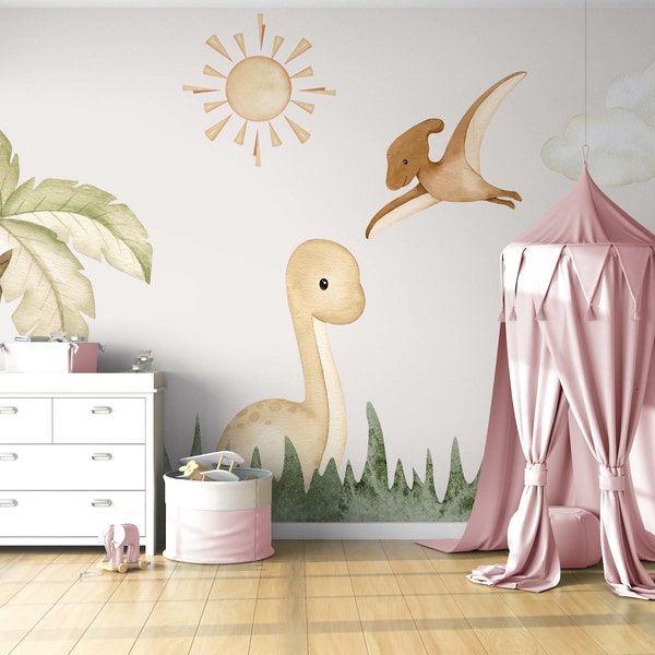 Vignette murale mignonne de dinosaures, autocollant mural aquarelle, peinture murale de pépinière, art mural pour bébé, décalcomanies de couleur pastel, ensemble de décalcomanies murales jurassiques