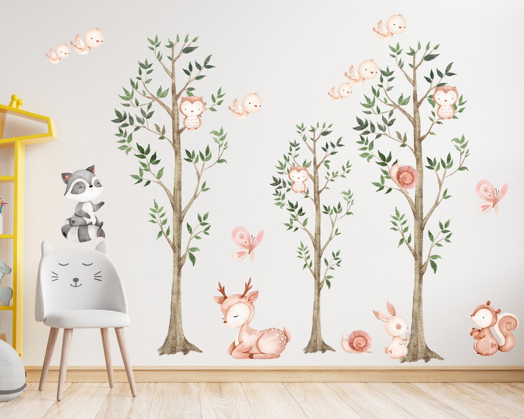 Woodland Tree Nursery Wall Decal, Watercolor Forest Animals Wall