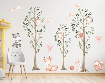 Woodland Tree Nursery Wall Decal, Watercolor Forest Animals Wall Sticker, Nursery Mural, Forest Wall Decal, Peel and Stick Tree Decal