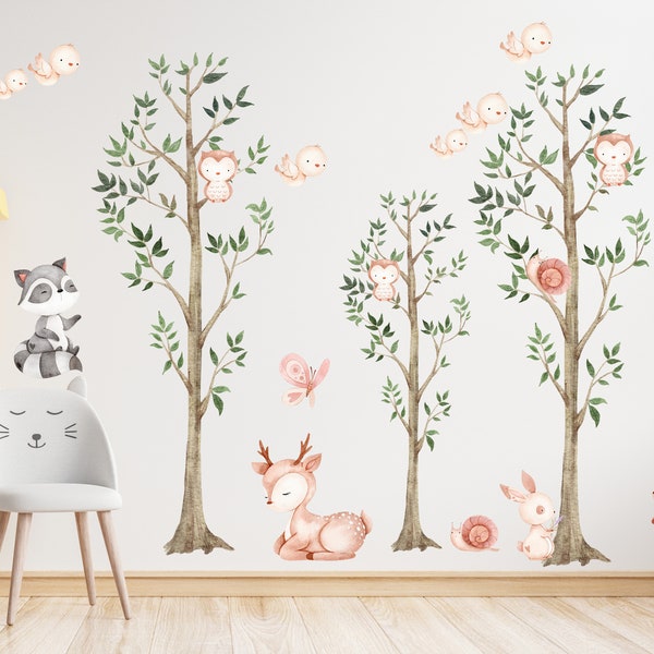 Woodland Tree Nursery Wall Decal, Watercolor Forest Animals Wall Sticker, Nursery Mural, Forest Wall Decal, Peel and Stick Tree Decal