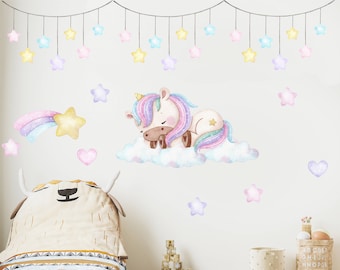 Unicorn Nursery Muursticker, Regenboog Aquarel Muursticker, Kwekerij Muurschildering, Vogelkwekerij Sticker, Regenboog Kwekerij Sticker