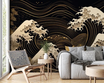Japanese Waves Wallpaper Peel and Stick - Nature Wallpaper - Decorative Asian Wall Mural - PVC Free Self Adhesive Wallpaper