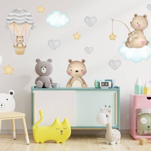 Baby Bear Nursery Wall Decal, Watercolor Wall Sticker, Nursery Mural, Baby Wall Art, Pastel Colored Hearts, Hot Air Balloon Decal