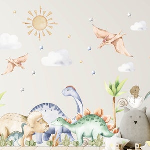 Cute Dinosaurs Wall Decal, Watercolor Wall Sticker, Nursery Mural, Baby Wall Art, Pastel Colored Decals, Jurassic Wall Decal Set